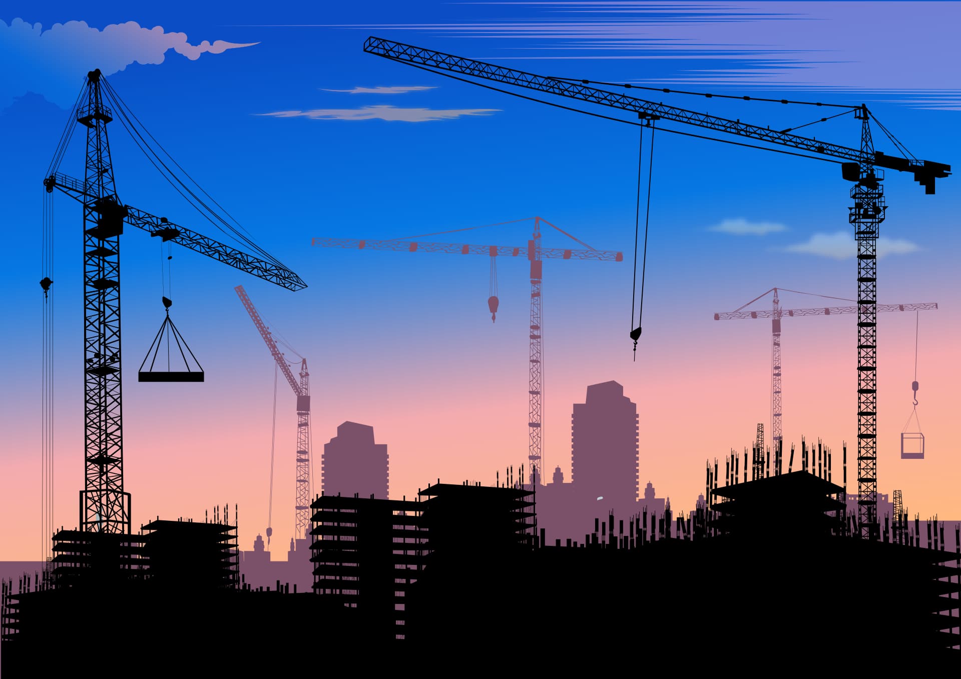 Строительная площадка с башенными кранами