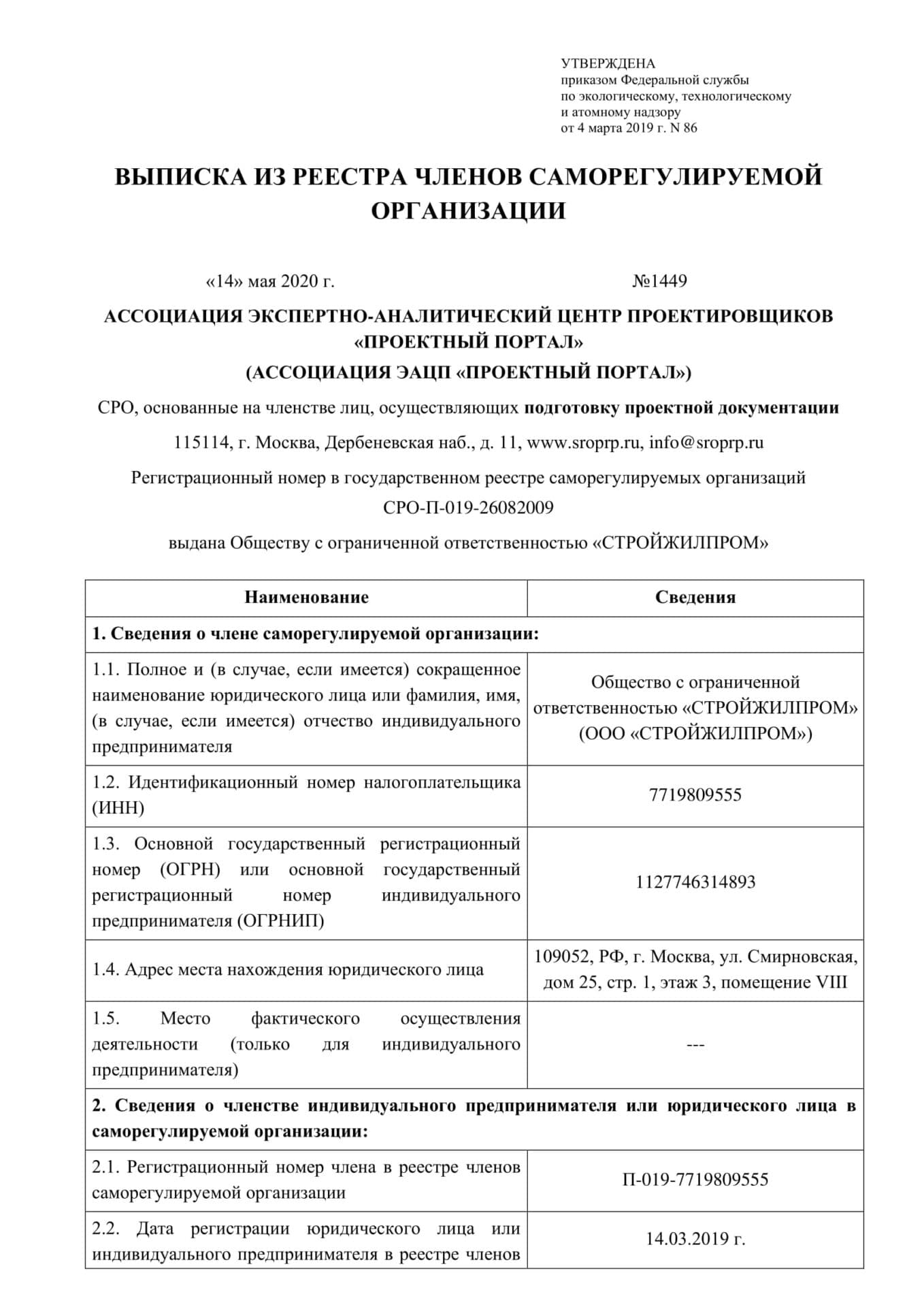 Выписка из реестра членов СРО проектирования №1449 от 14.05.2020